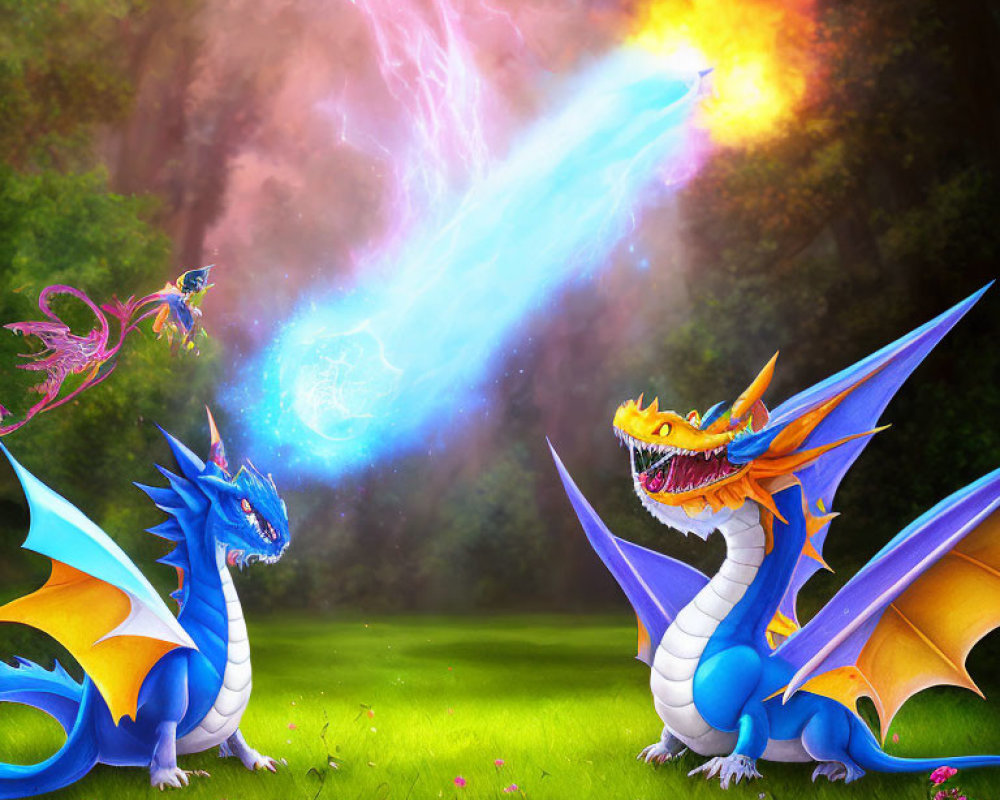 Vibrant dragons in mystical forest with colorful fire and winged creature