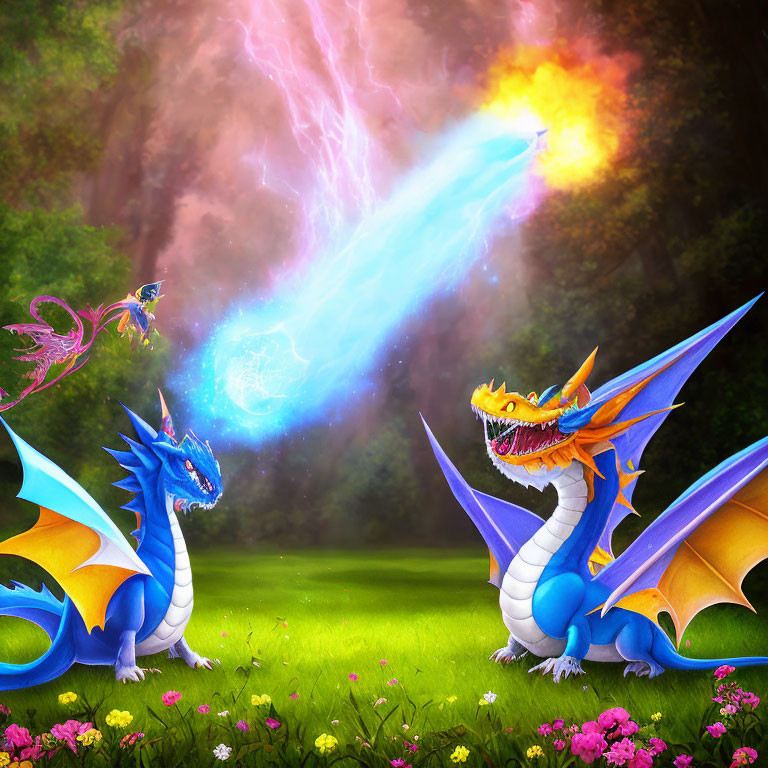 Vibrant dragons in mystical forest with colorful fire and winged creature