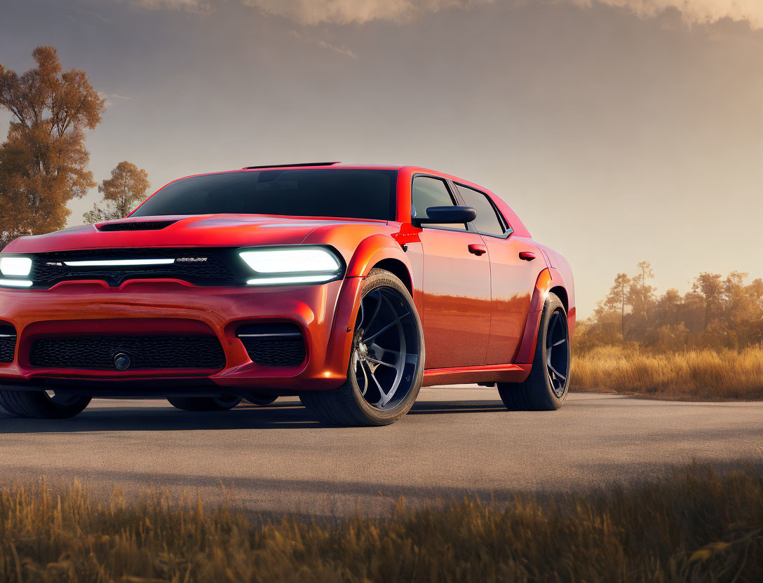 Red Dodge Charger parked on open road at sunset with warm golden light