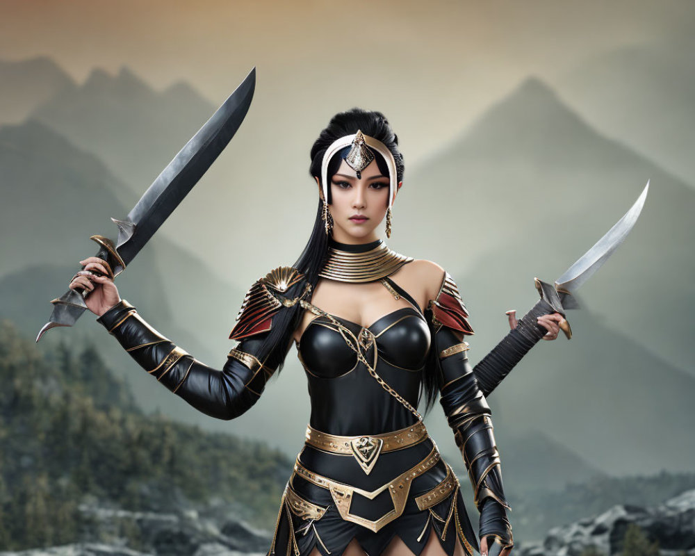 Warrior woman in black and gold armor with knives against misty mountains