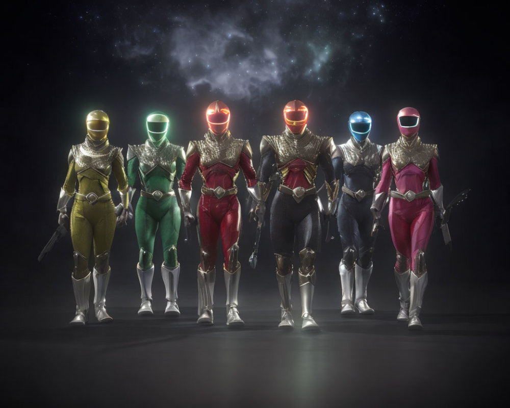 Five individuals in colorful Power Ranger suits against cosmic backdrop