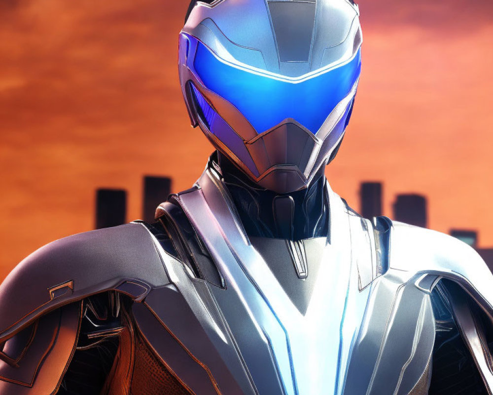 Futuristic armored figure with glowing blue visor against orange sky