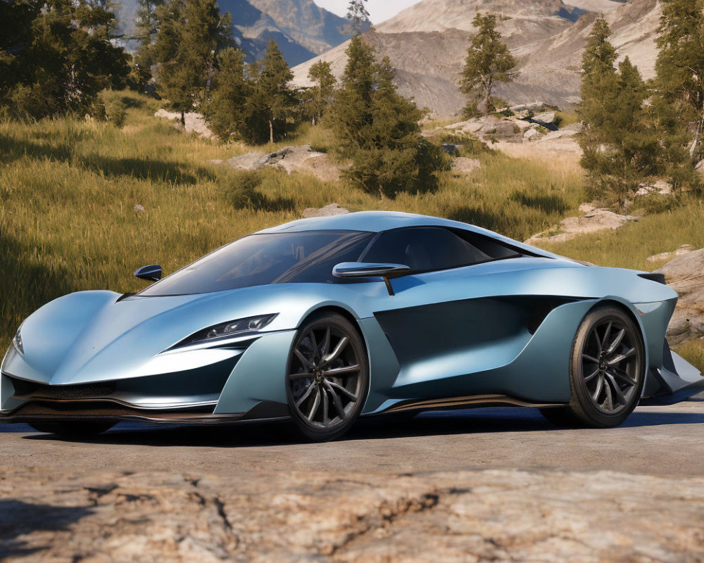 Futuristic blue sports car on rocky terrain with mountains and grass