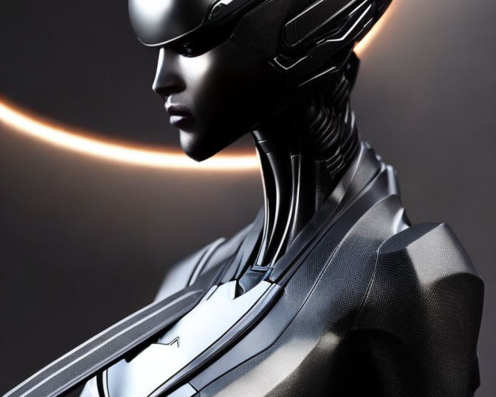 Sleek humanoid robot with metallic design in eclipse-like glow