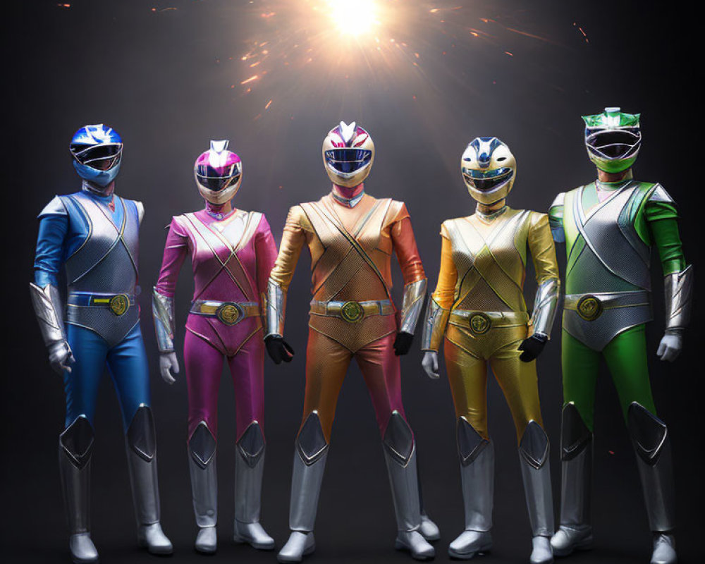 Five individuals in colorful costumes with dramatic burst of light