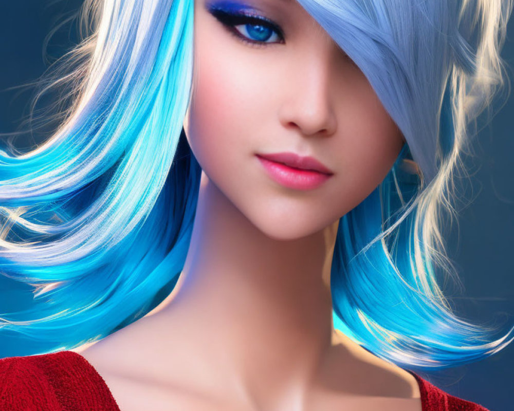 Striking Blue-Haired Female Character in Red Top on Blue Background