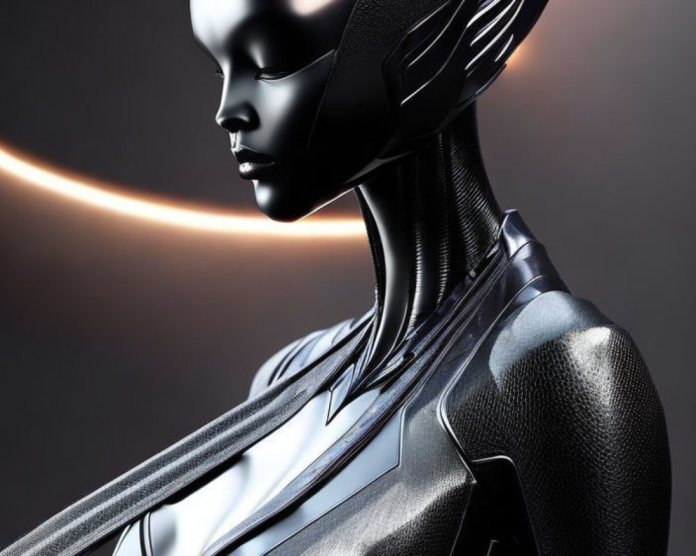 Futuristic humanoid robot with black finish and warm light on dark backdrop