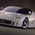 White Sports Car with Purple Accented Rims on Brown Gradient Background