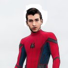 Person in Spider-Man costume with serious expression against white background and digital effects.