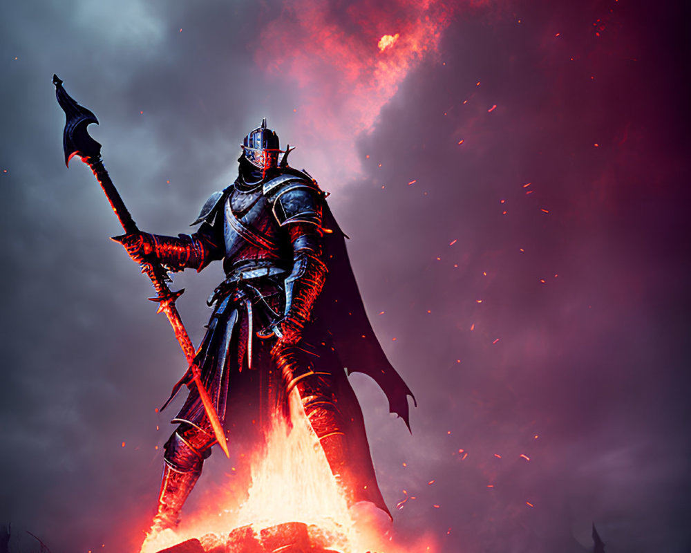 Armored knight with glowing staff in fiery scene under dark sky