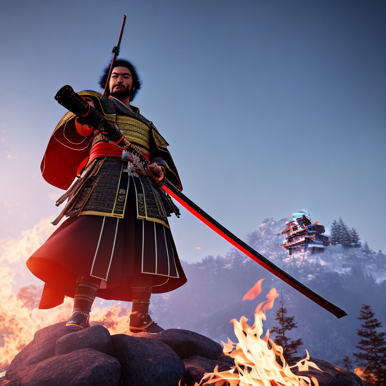 Samurai in traditional armor with katana on rocky terrain and fiery backdrop
