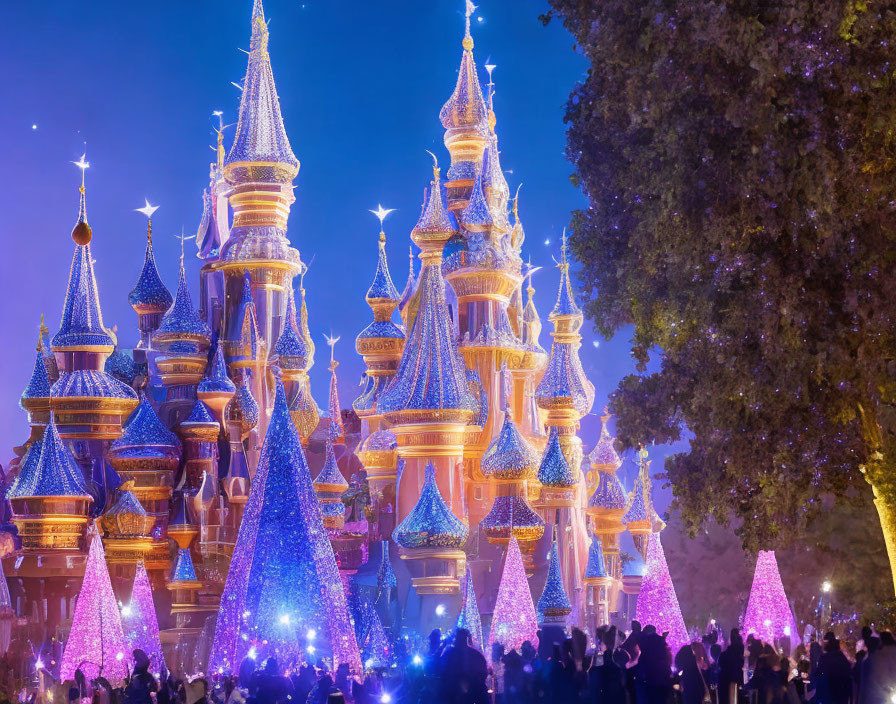Fairytale castle illuminated at dusk with twinkling lights
