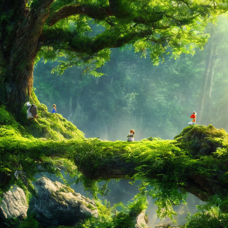 Serene forest scene with people on mossy rock under tree