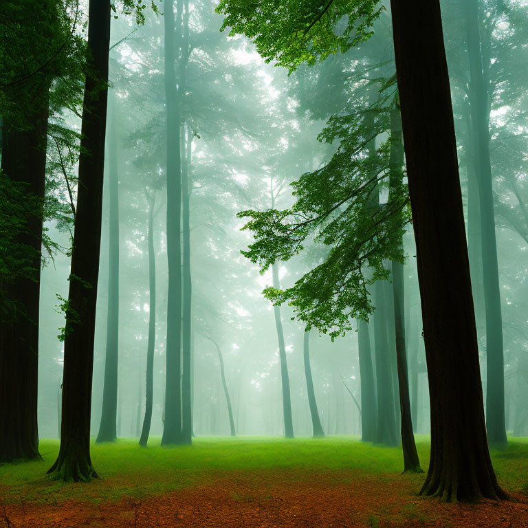 Misty Green Forest with Tall Trees and Orange Leaves