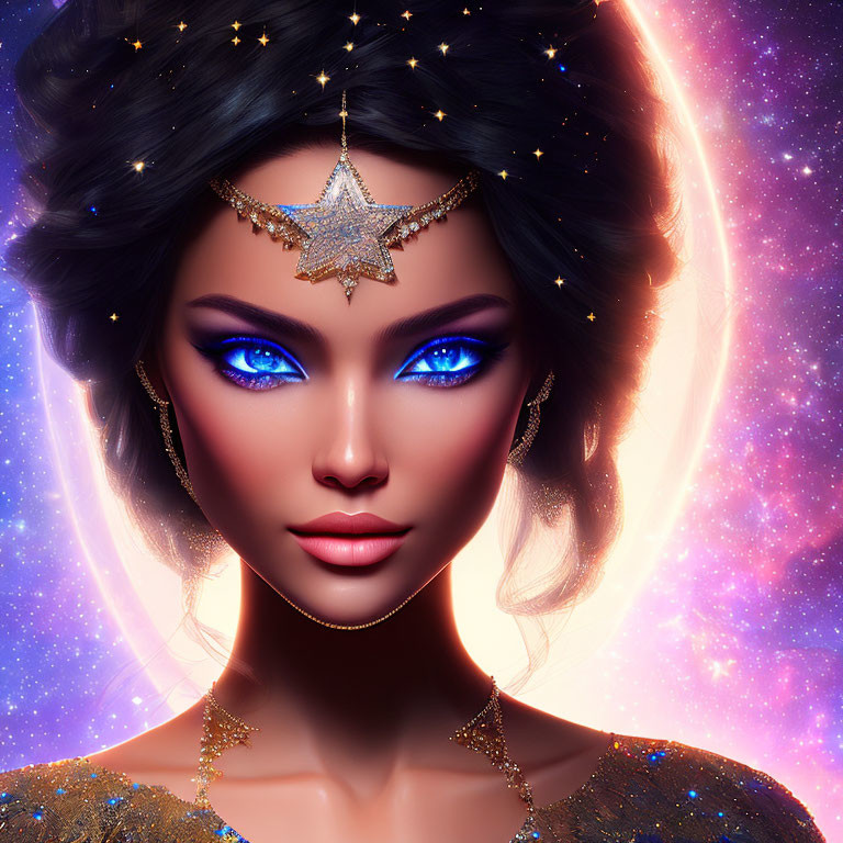 Digital art portrait: Woman with vibrant blue eyes and star-themed jewelry on cosmic background