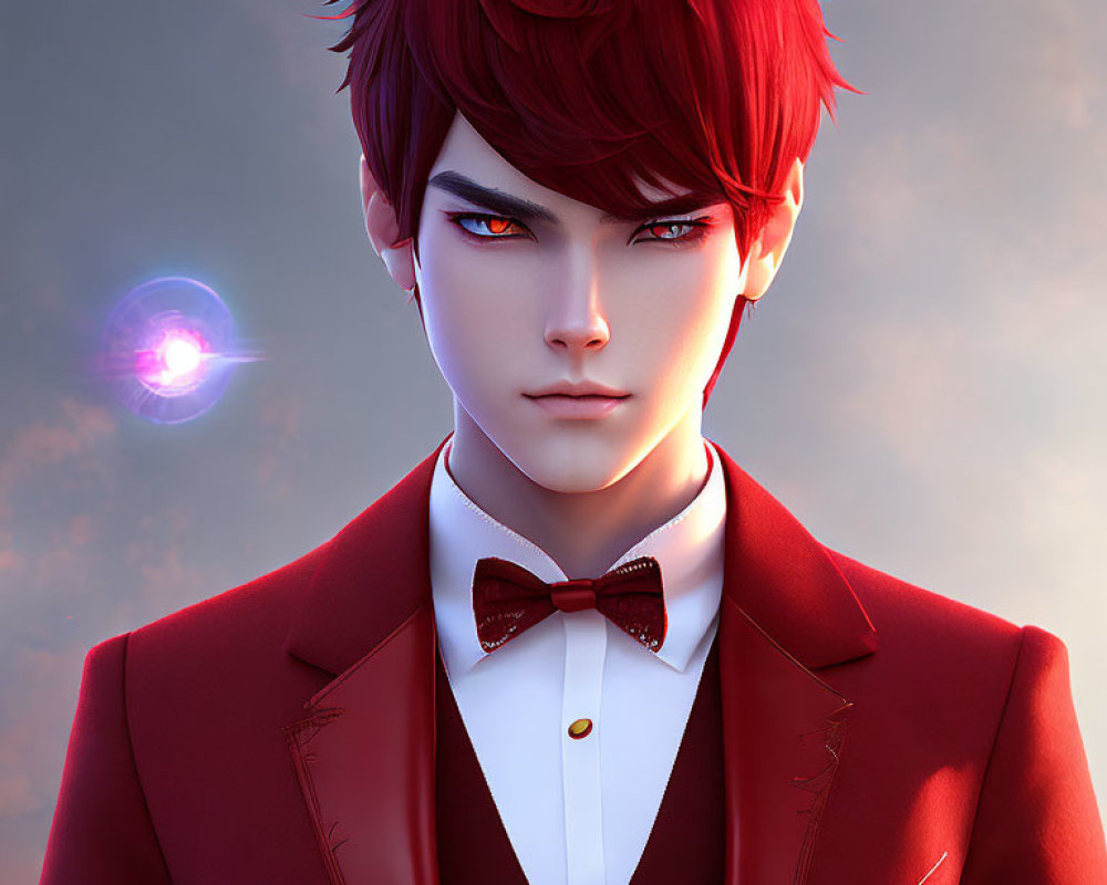 Male character with red hair and red suit, amber eyes, and glowing orb