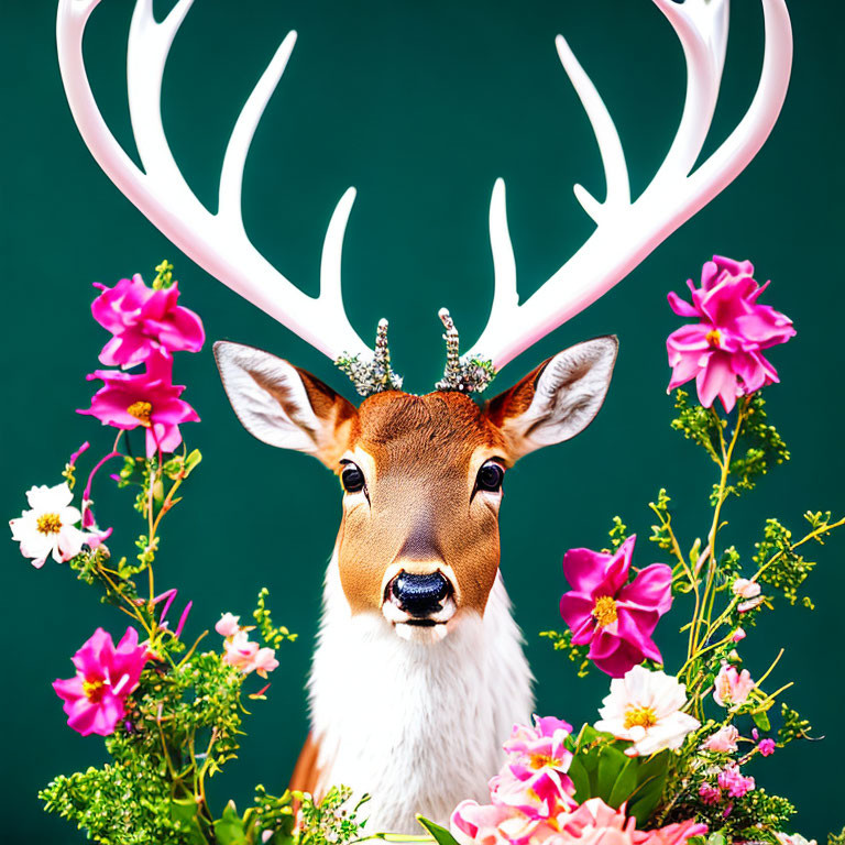 Majestic deer with white antlers among pink flowers on dark green backdrop