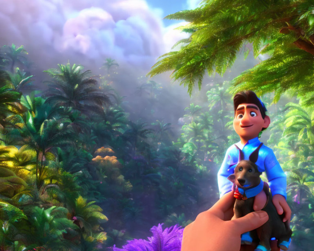 Stylized animated image: Boy in blue shirt with puppy in lush forest