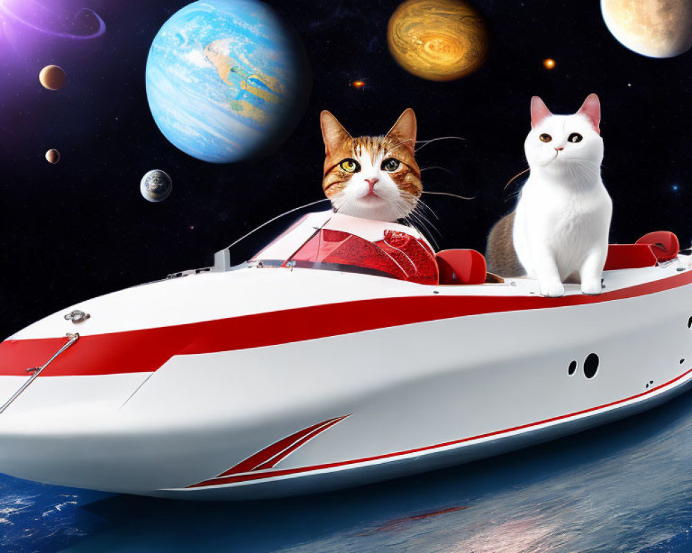 Two cats on a speedboat in space with planets in the background
