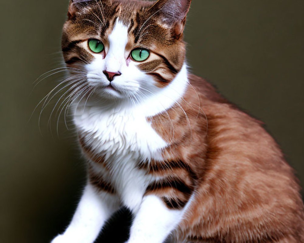 Brown and White Cat with Green Eyes on Muted Green Background