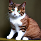Brown and White Cat with Green Eyes on Muted Green Background