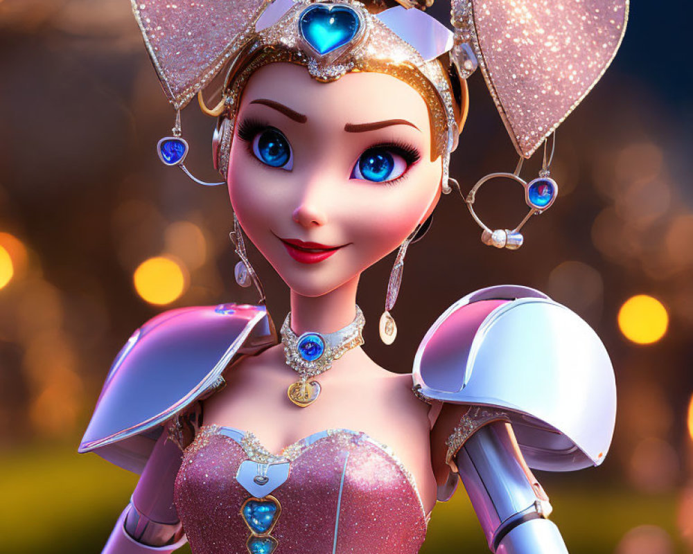 Fantasy female character with sparkling armor and tiara in enchanted forest