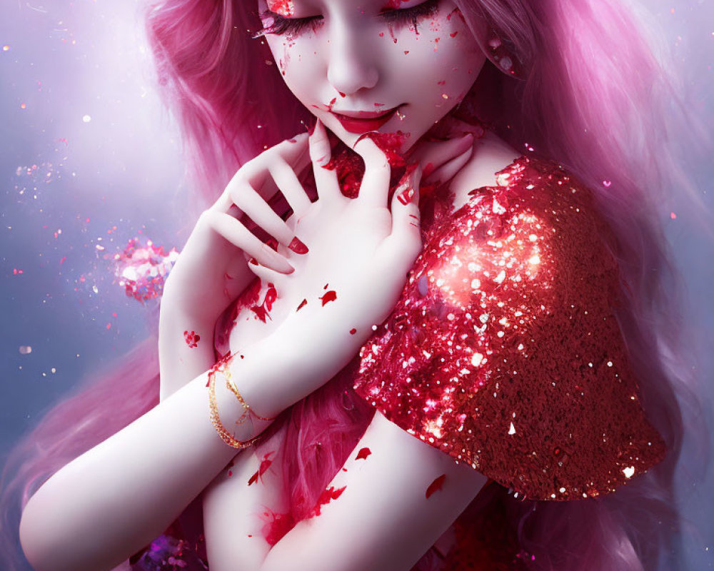 Pink-haired person with red makeup in crimson petals on purple background
