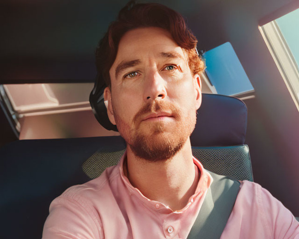 Man in pink shirt with seatbelt in car under sunlight.
