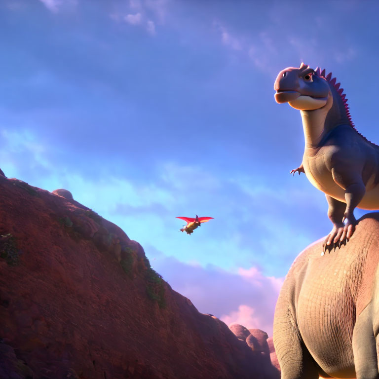 Animated dinosaur on elephant gazes at flying creature in sunset sky