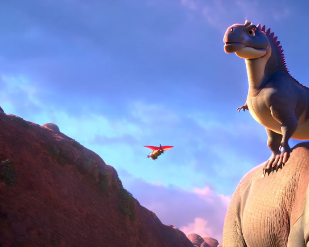 Animated dinosaur on elephant gazes at flying creature in sunset sky