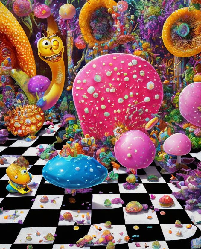Colorful Psychedelic Artwork with Cartoonish Creatures and Pink Mushroom