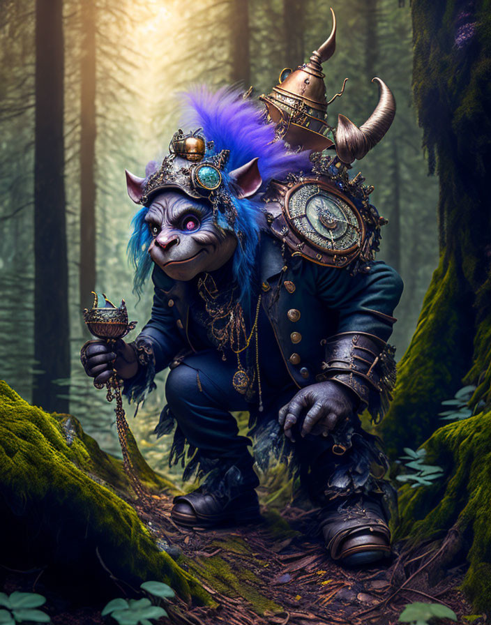 Blue-furred whimsical creature in steampunk attire with cup in sunlit forest
