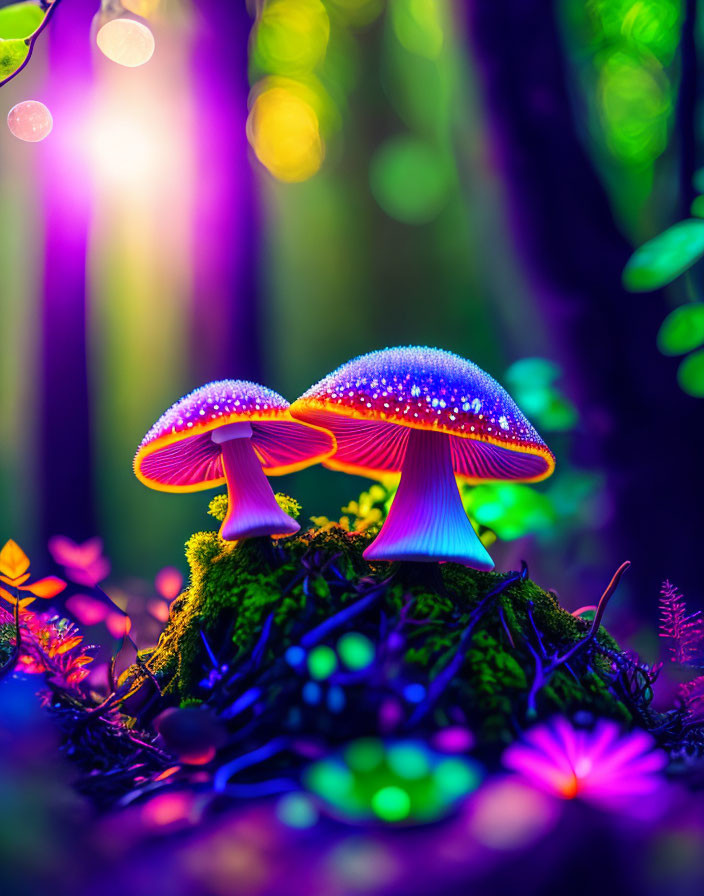 Colorful Glowing Mushrooms in Enchanting Forest Scene