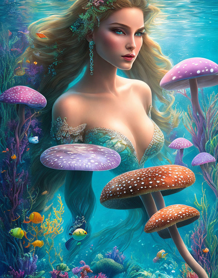 Illustrated Mermaid with Long Hair Among Colorful Underwater Scene