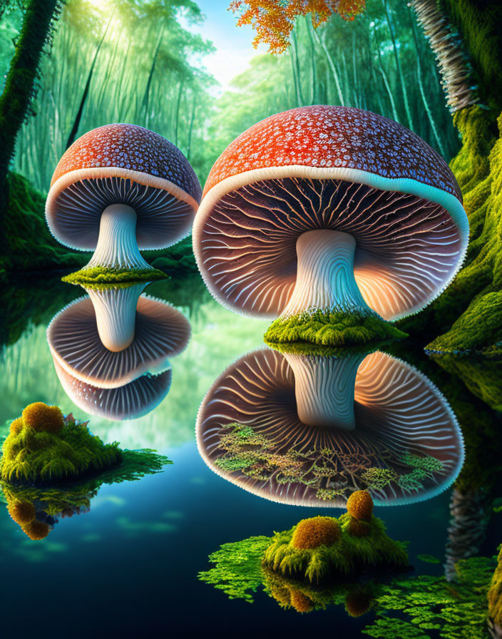 Vibrant red-capped toadstools reflected in tranquil water in enchanted forest scene