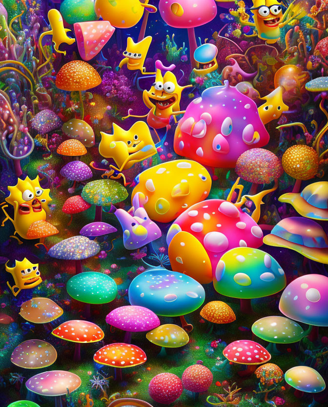 Colorful Cartoonish Underwater Scene with Mushrooms and Starfish