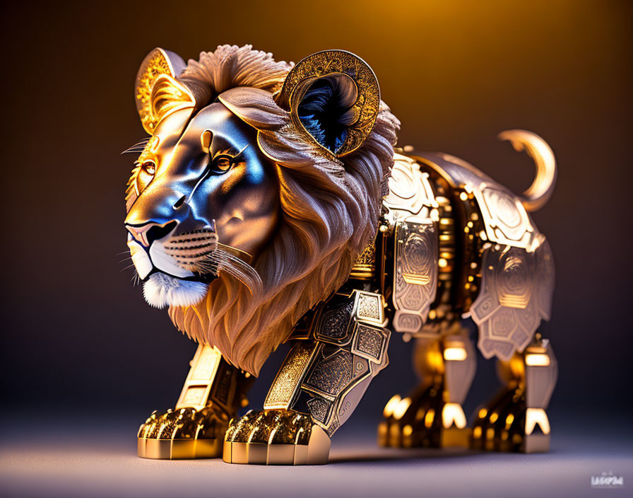 Majestic metallic lion with golden patterns and blue eyes on amber background