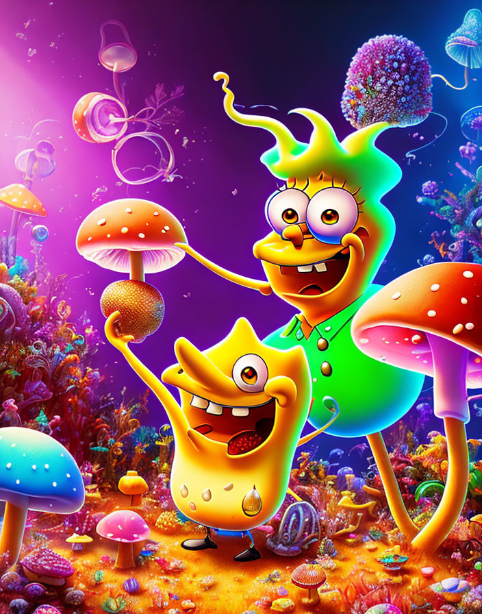 Vibrant cartoon character with star shape and glowing pants in psychedelic setting