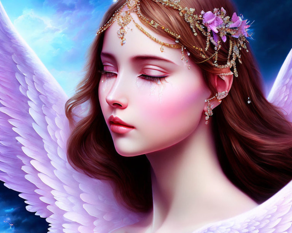 Golden headpiece and tear on angel against blue sky with white wings.