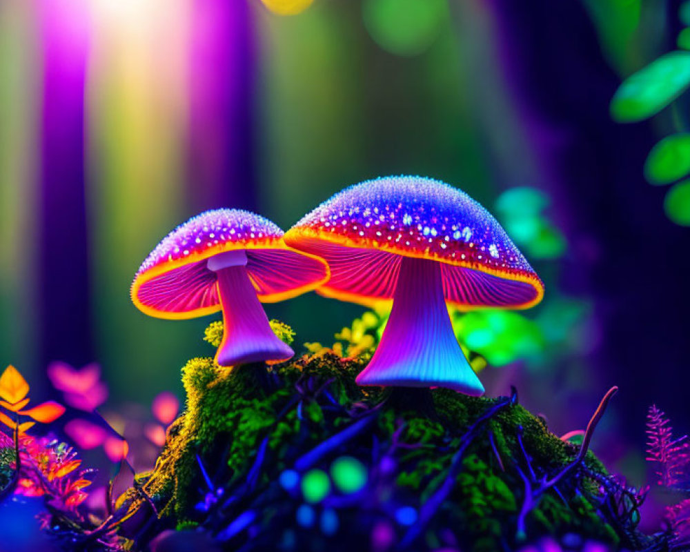 Colorful Glowing Mushrooms in Enchanting Forest Scene