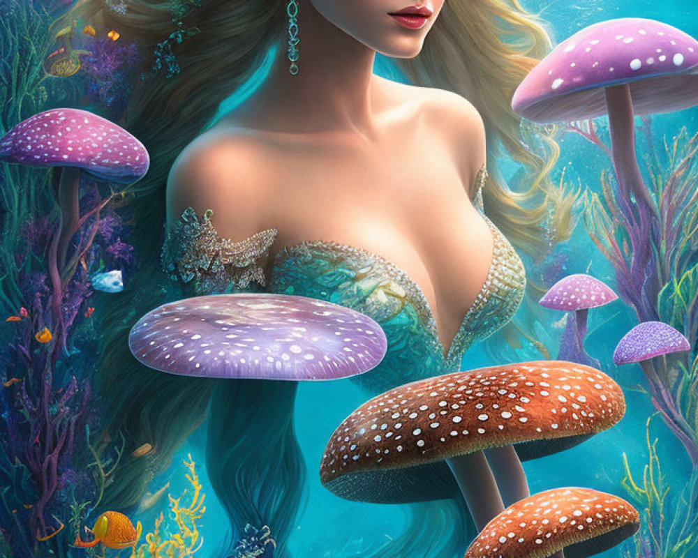 Illustrated Mermaid with Long Hair Among Colorful Underwater Scene