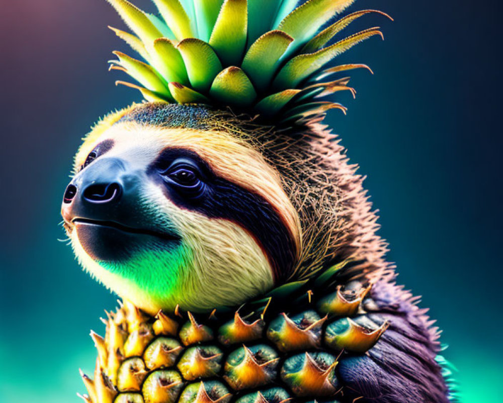Digital artwork: Sloth face and claws on pineapple body in colorful background
