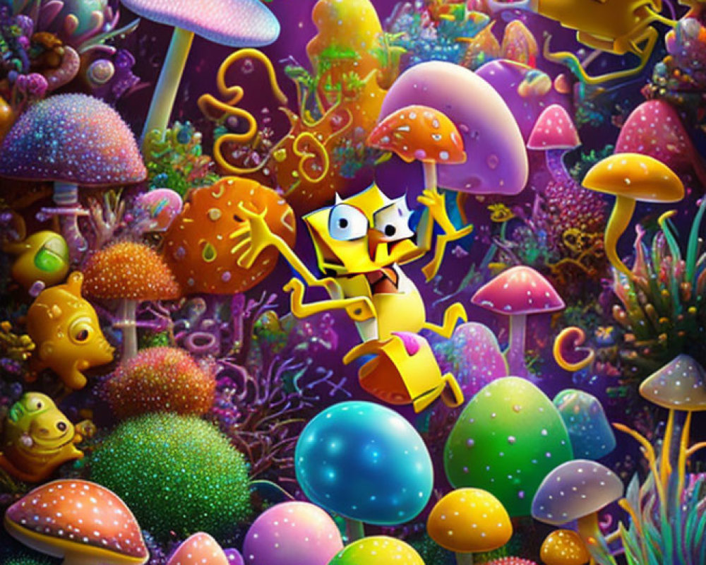 Yellow sponge characters frolicking among psychedelic mushrooms underwater