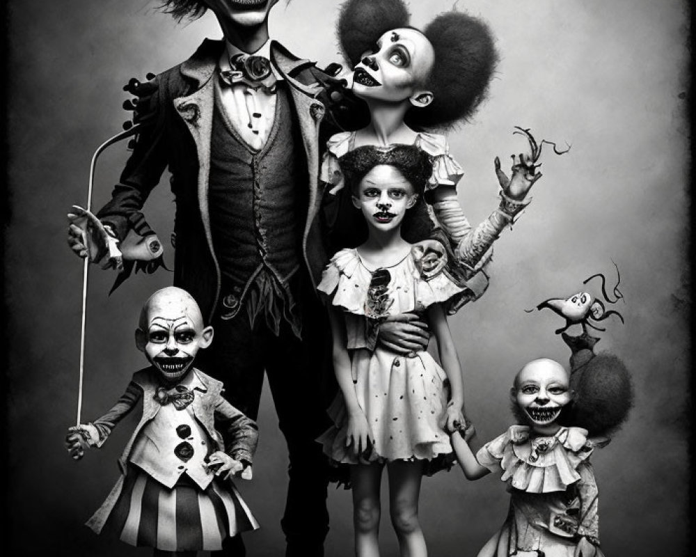 Vintage style monochrome image of four eerie clown characters in exaggerated makeup and costumes, posing with dark whims