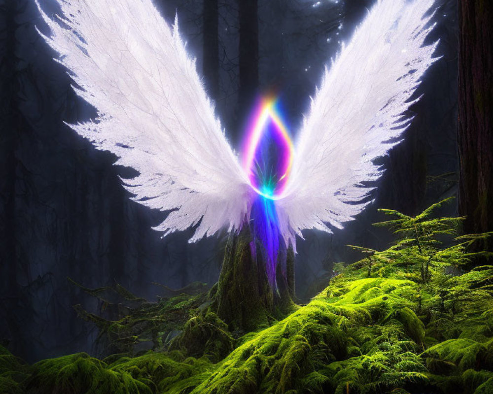 Angel wings with rainbow prism effect in moss-covered forest among dark trees
