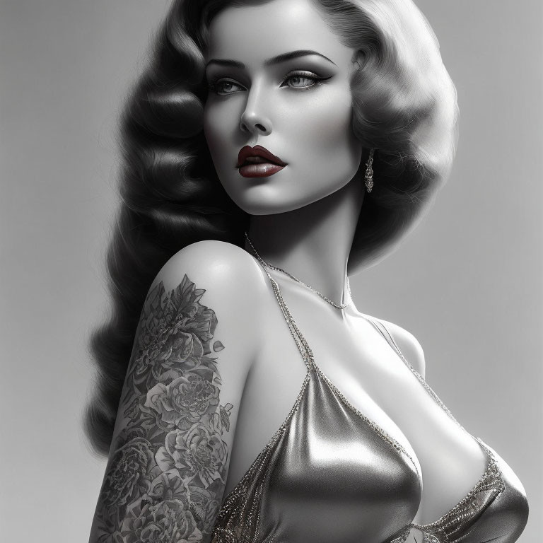 Monochrome image of woman with voluminous hair, red lips, floral tattoo, elegant dress.