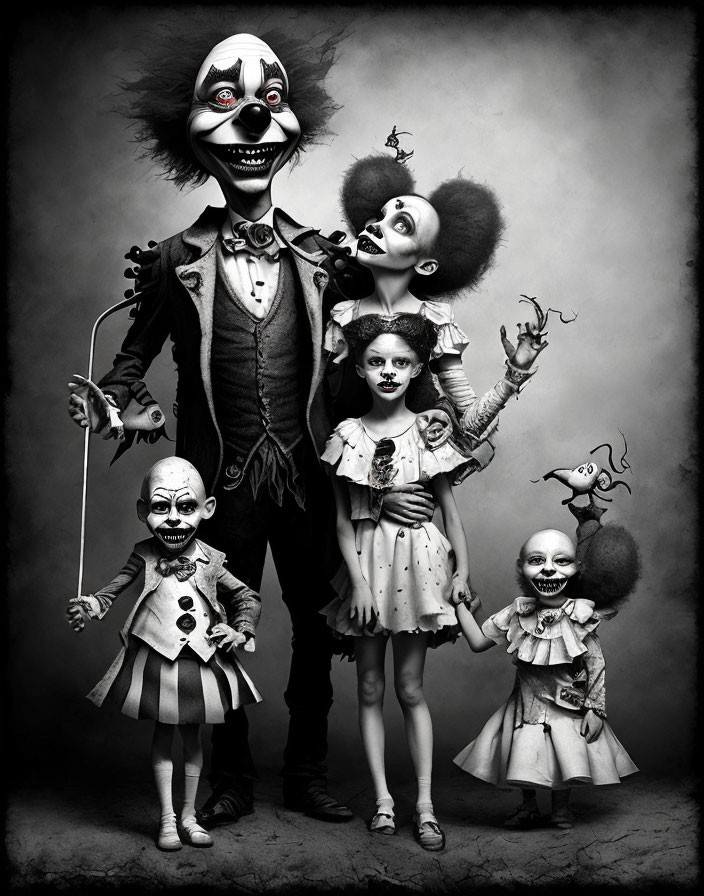 Vintage style monochrome image of four eerie clown characters in exaggerated makeup and costumes, posing with dark whims