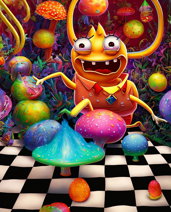 Vibrant cartoon character with flaming head and whimsical mushrooms on checkerboard floor