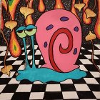 Colorful Psychedelic Artwork with Cartoonish Creatures and Pink Mushroom
