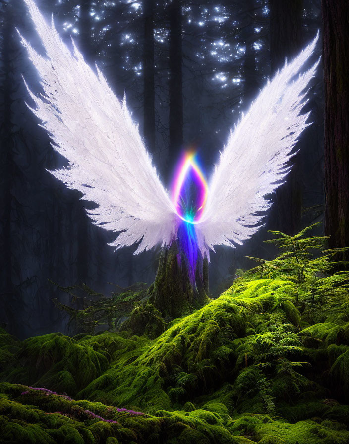 Angel wings with rainbow prism effect in moss-covered forest among dark trees
